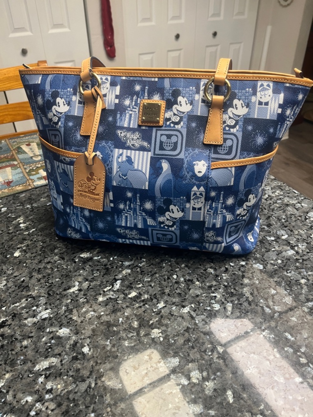 Dooney & Bourke Blue and Tan Disney Patchwork Tote 45th Magic Kingdom edition